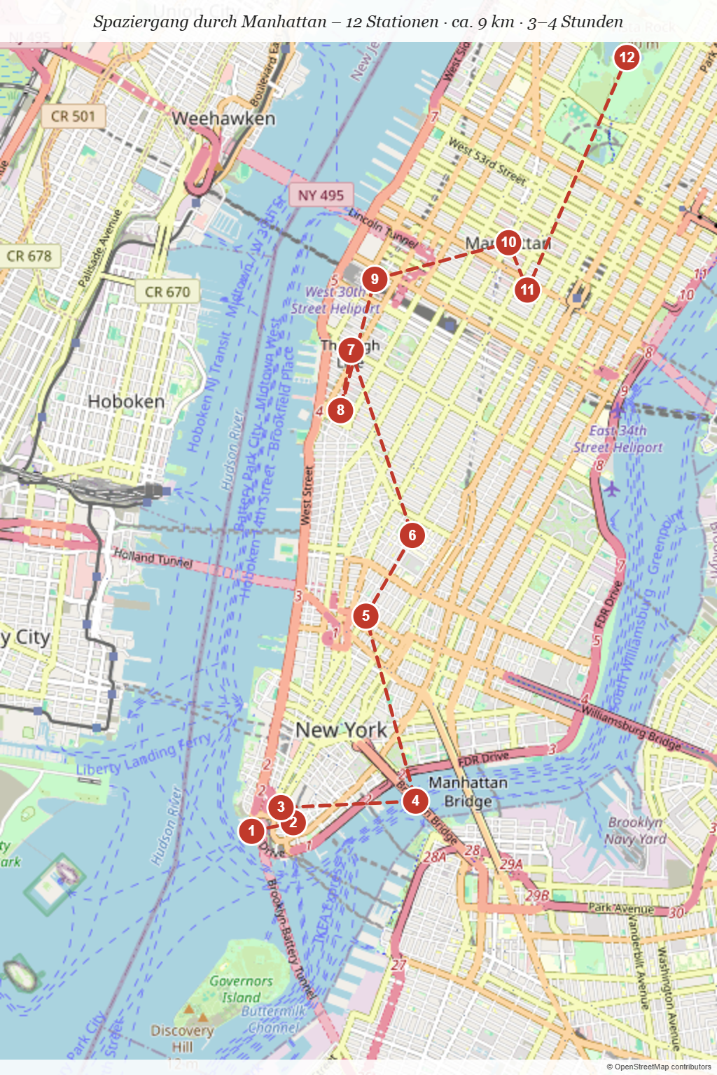 Manhattan Spaziergang – Karte mit Stationen (OSM) Karte des Manhattan Spaziergangs mit nummerierten Stationen und gestrichelter Route auf OpenStreetMap